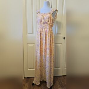 Wild Skye Floral Maxi Dress Ruflled Straps Flowy  Summer  Peach Purple Sz XL